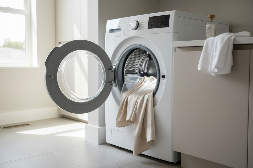 Silk blouse in a laundry room beside a front-loading washing machine, with a small mesh laundry bag and clean water visible in a gentle wash setup