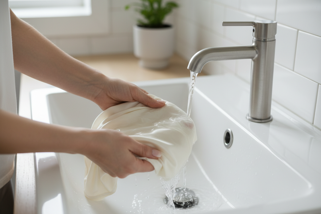 Silk pillowcase with a fresh overnight skincare mark being gently rinsed in cool water in a bathroom sink