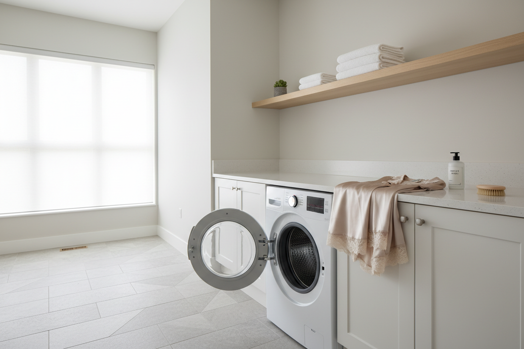 Silk sleepwear laid out beside a washing machine with the door open, shown in a calm laundry room setting.
