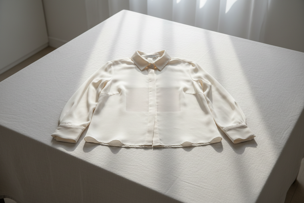A silk blouse laid flat and lit from behind so parts of the fabric appear see-through after washing