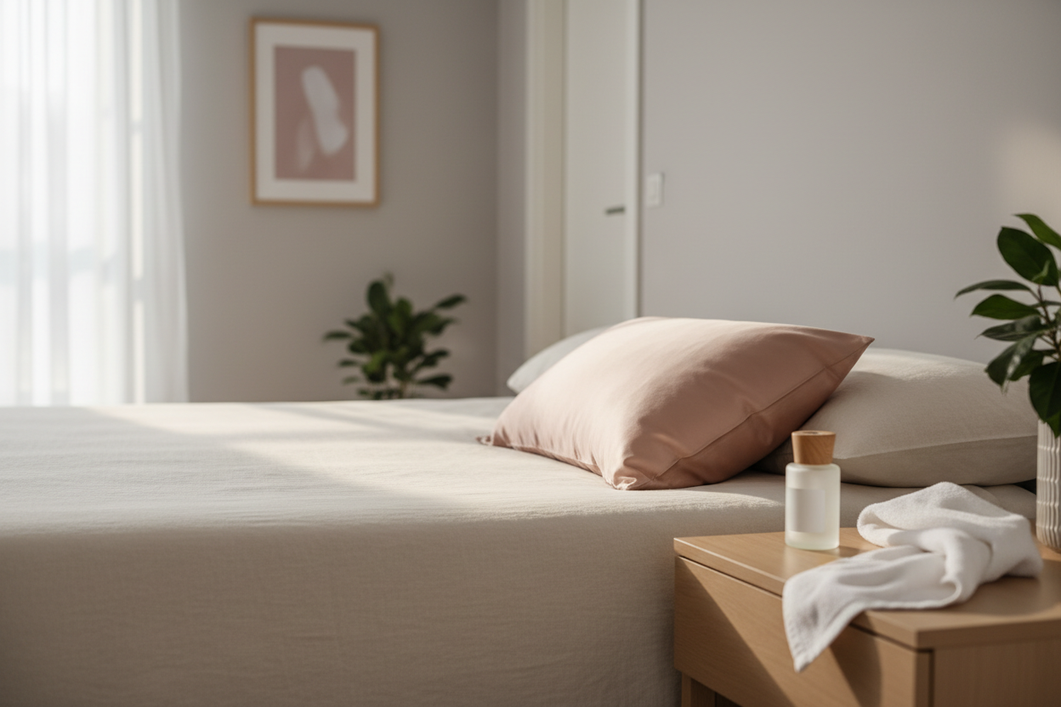 A silk pillowcase on a bed beside a skincare serum bottle and a soft towel, showing a gentle home cleaning setup