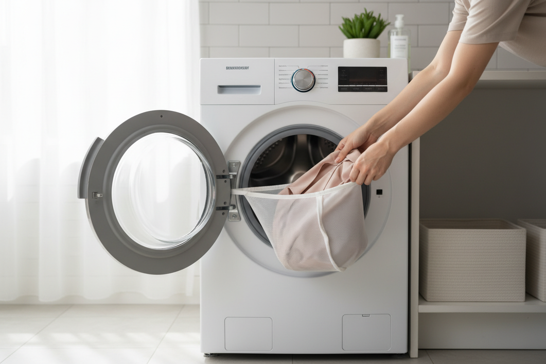 Front-load washer with a delicate silk item inside, showing a laundry setup focused on preventing wrinkles.