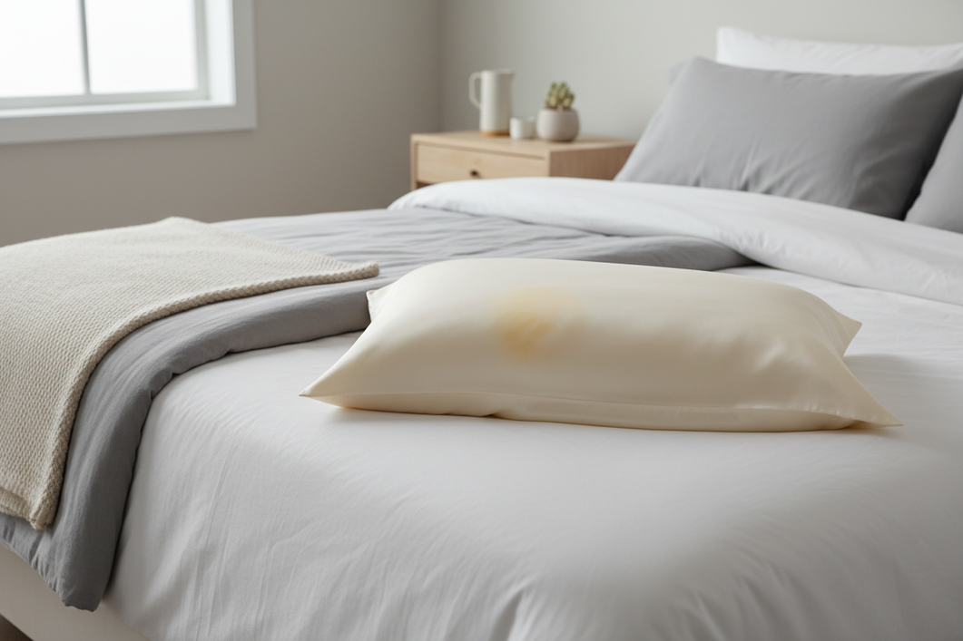 A silk pillowcase on a bed with a faint yellow-orange stain from acne treatment, shown as a delicate home laundry problem