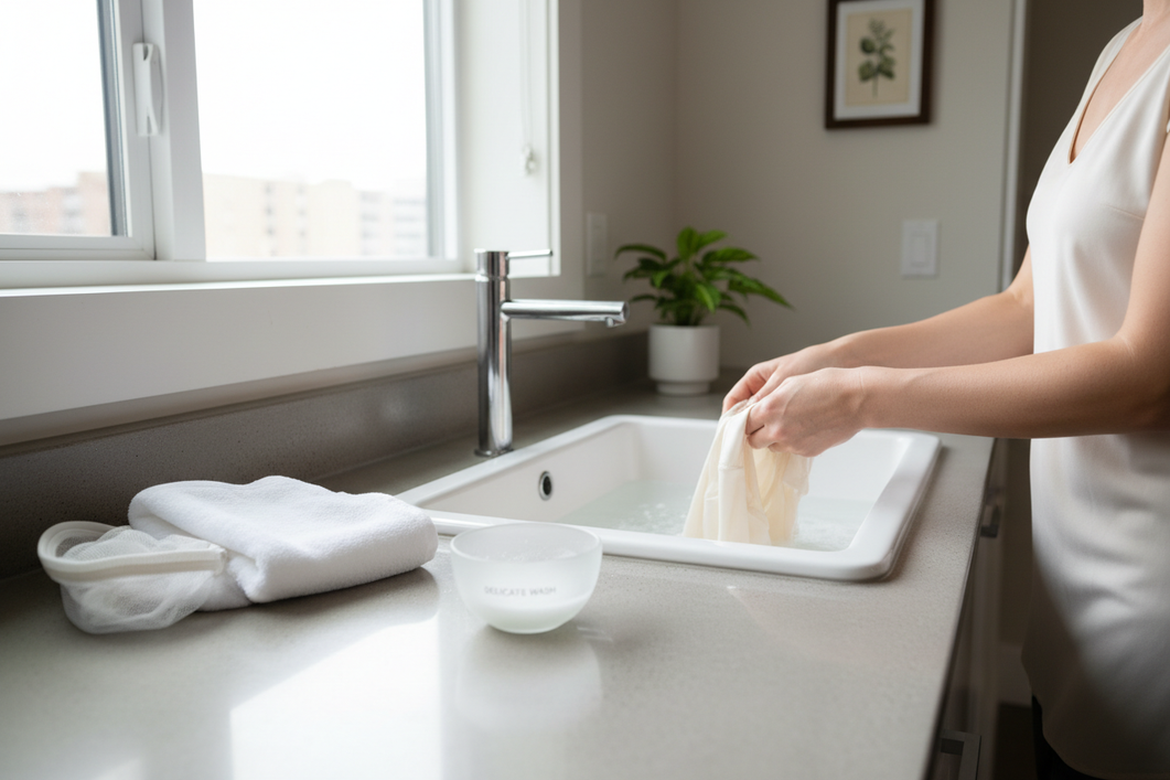 Washed silk garment laid flat beside a clean sink and gentle laundry supplies in a shared apartment laundry room