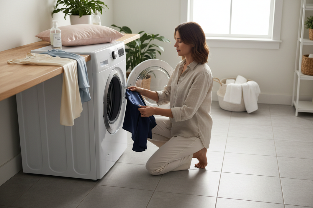 Silk pajamas laid out beside a washing machine control panel, showing a cautious laundry setup before washing