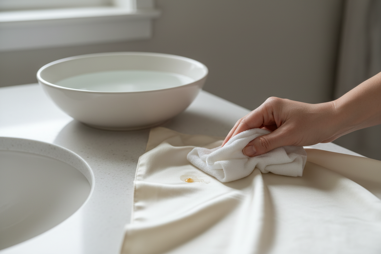 Silk pillowcase with a small sticky beauty stain being gently blottted beside a basin of cool water and a soft cloth