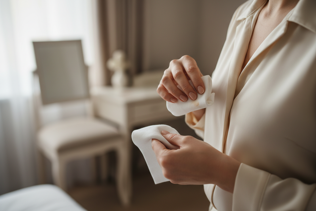 Close-up of a silk blouse neckline with visible makeup transfer being gently blotted with a white cloth on a dressing table