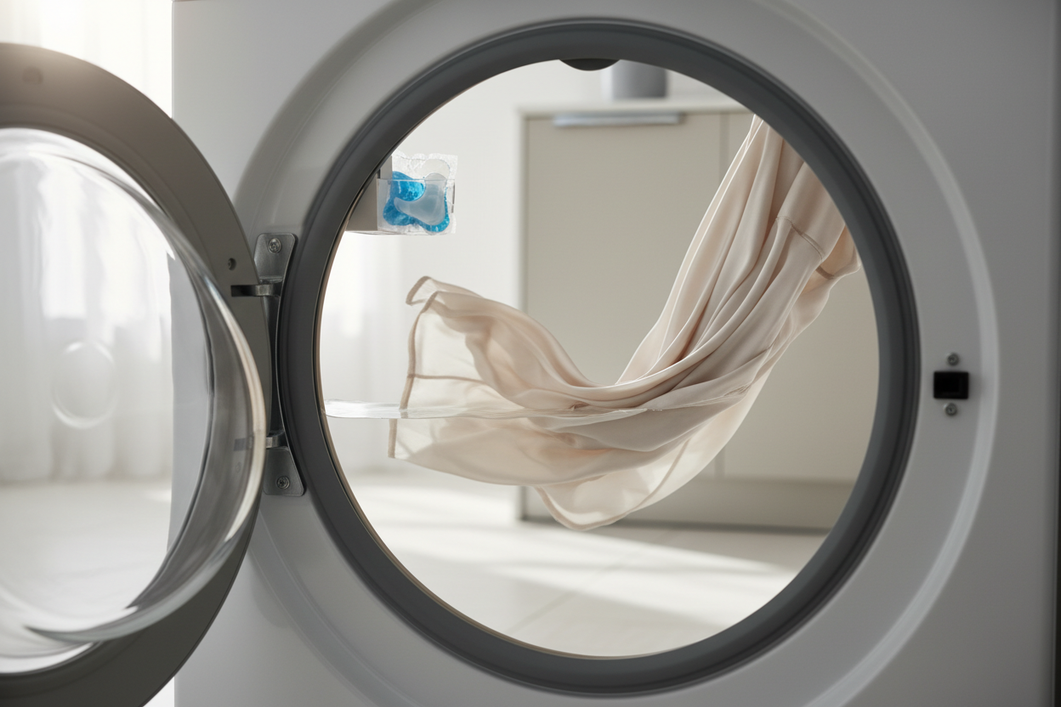 Washer drum with a delicate silk garment inside and a detergent pod holder in the machine, illustrating a cautious machine-wash setup