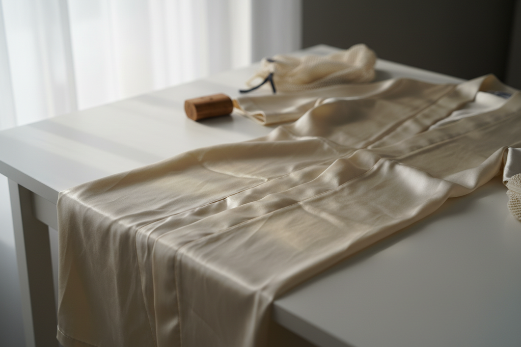 Silk fabric catching light unevenly after washing, showing a subtle dull finish on a clean tabletop