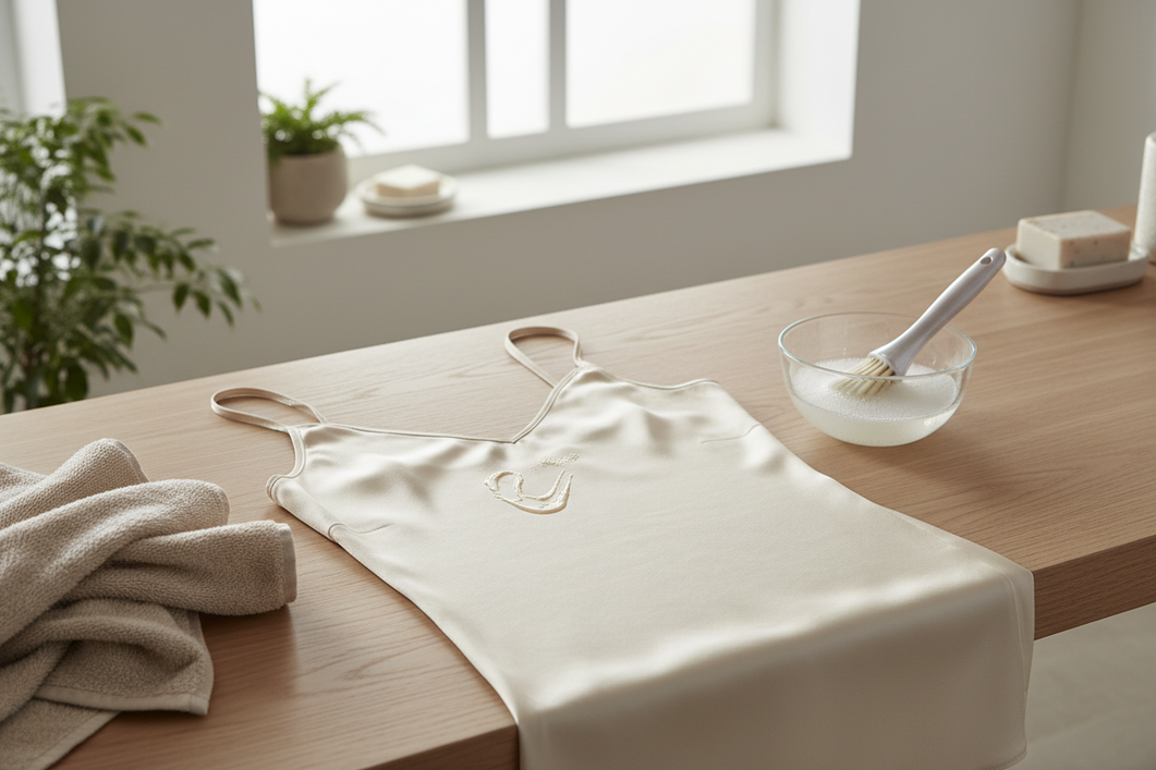 Silk garment laid flat with faint skincare residue marks before gentle cleaning