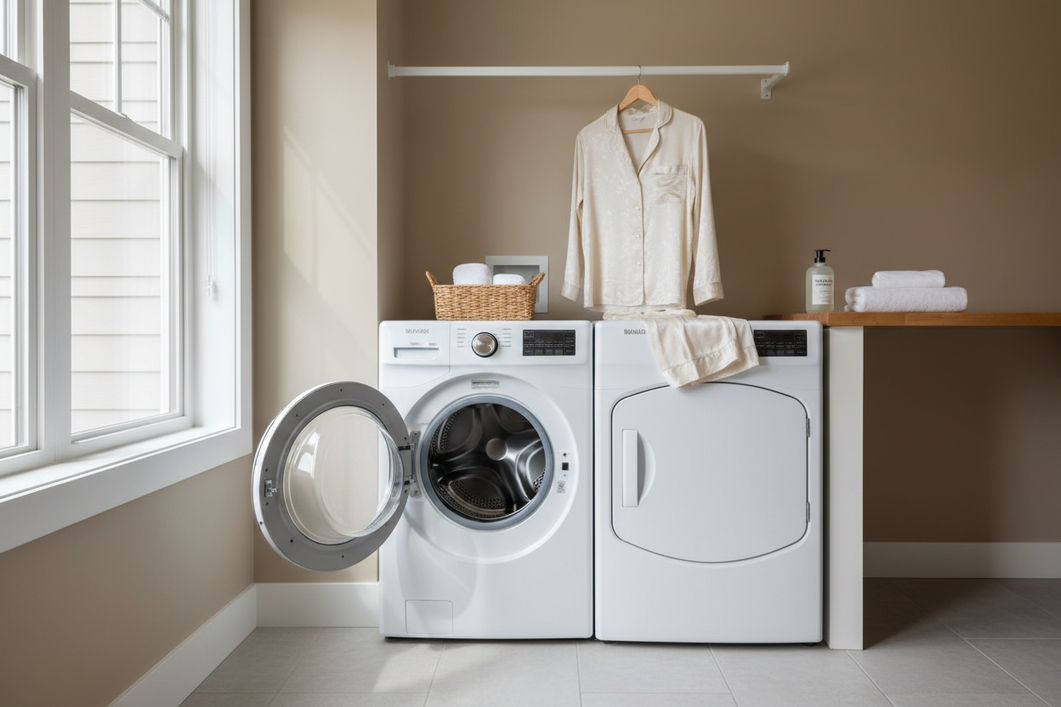 Silk pajama set hanging in a laundry room beside a modern washer with the door open, shown as a general care and fabric refresh concept.