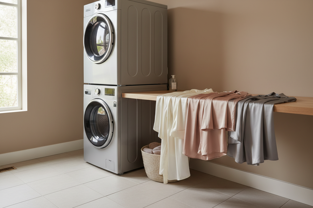 Silk pajamas draped near a modern laundry appliance in a bright home laundry room