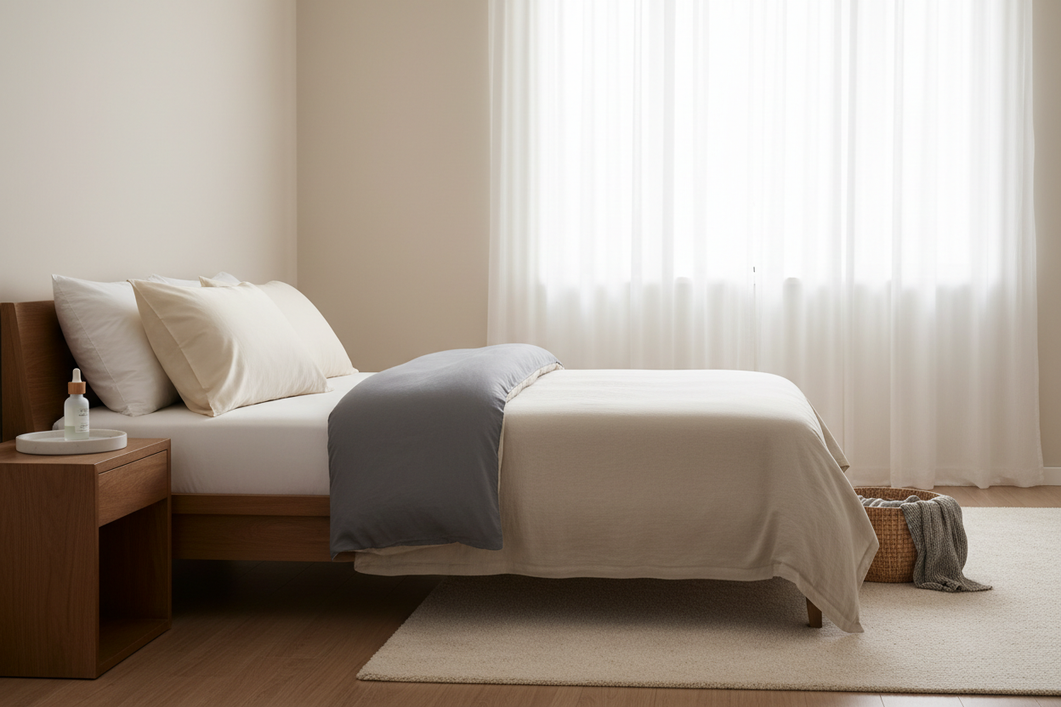 A silk pillowcase and matching bedding laid out on a bed with a skincare bottle nearby, showing a clean bedroom setup for removing residue from delicate fabric