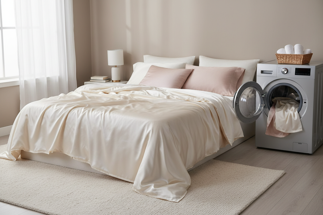 Silk pillowcases and silk bedding arranged on a bedroom bed near an open washing machine, showing a gentle laundry care decision for delicate fabric.