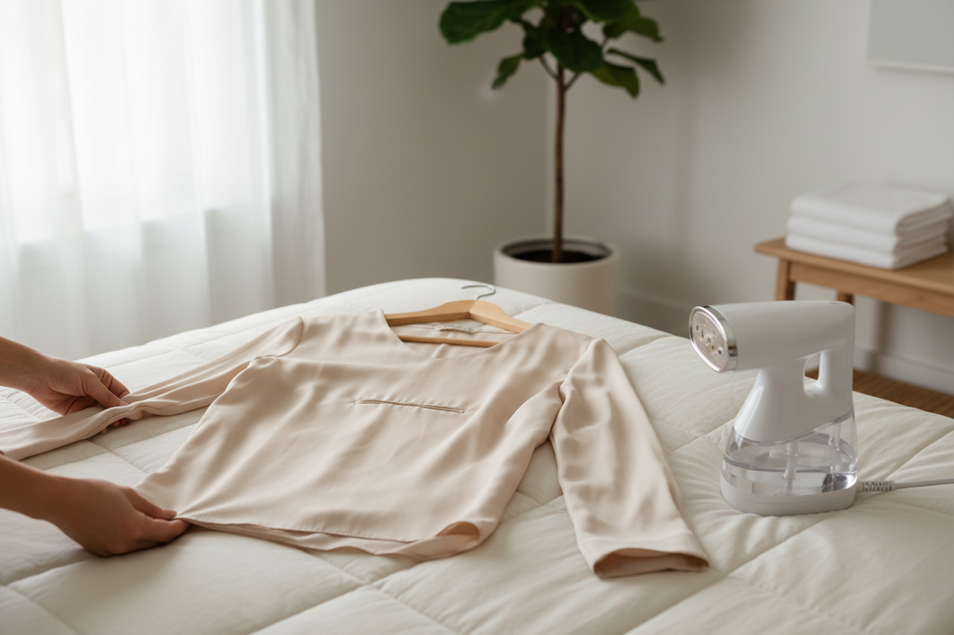 Silk garment with a visible folded crease being gently handled near a steamer in a bright home laundry setting