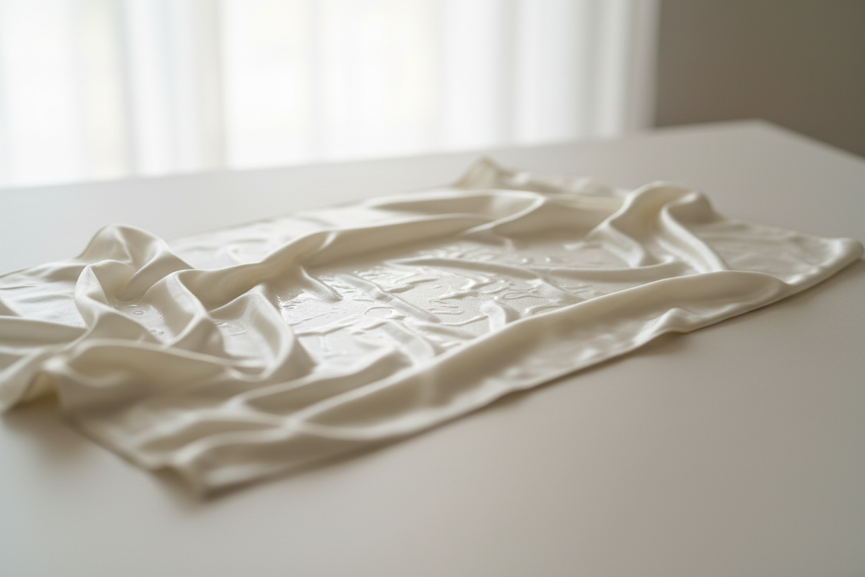Silk fabric draped in soft daylight on a clean tabletop, showing a subtle greasy sheen after washing
