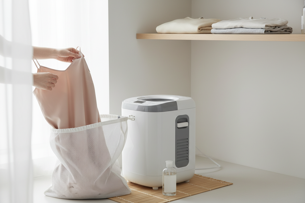 A small silk garment being placed into a mesh laundry bag beside a compact portable washer in a bright apartment laundry area