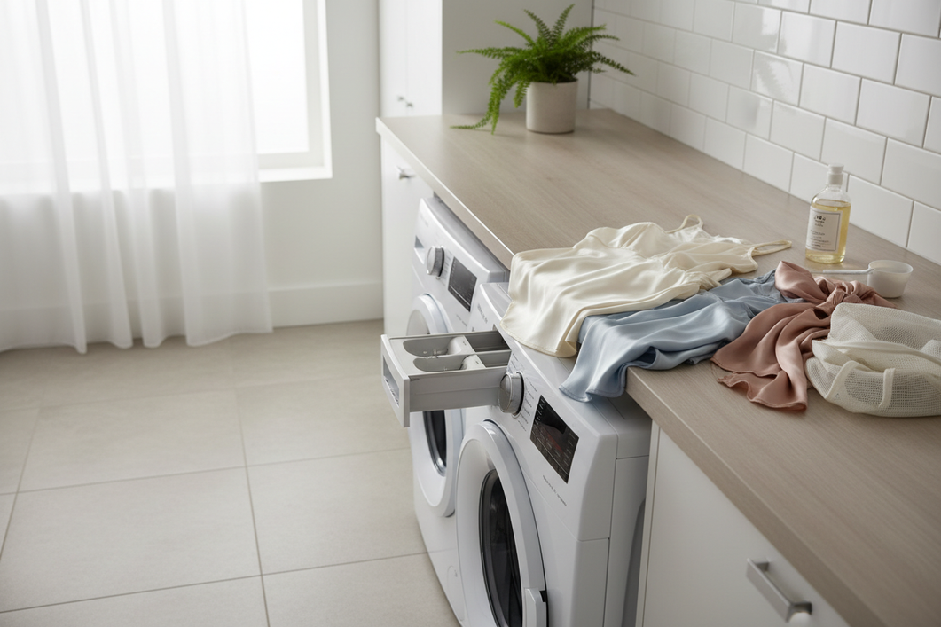Silk blouse and pajama set laid out beside a front-loading washer with the detergent area open, showing a careful laundry setup before washing delicate fabric