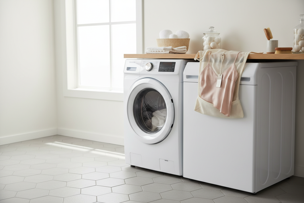 Silk garment in a laundry mesh bag beside a front-loading washing machine, shown as a gentle wash setup for delicate fabric care