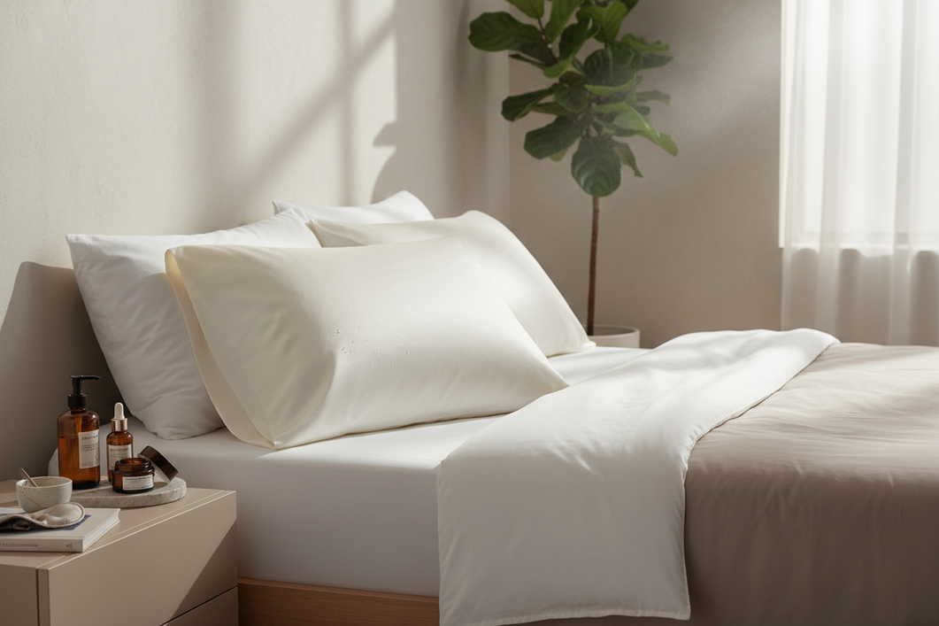 Silk pillowcase on a bedroom bed with a gentle facial mist routine nearby, showing light skincare residue care for overnight use