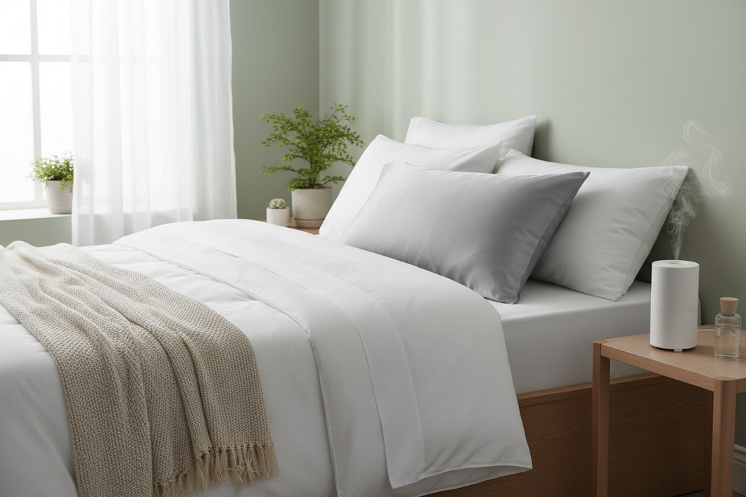 Silk pillowcase on a bed with a small diffuser nearby in a calm bedroom scene