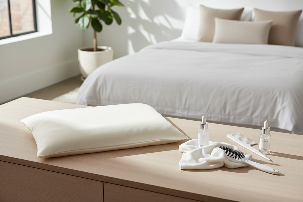 Silk pillowcase on a bed beside hairspray and a soft cloth, showing a fresh overspray cleanup setup
