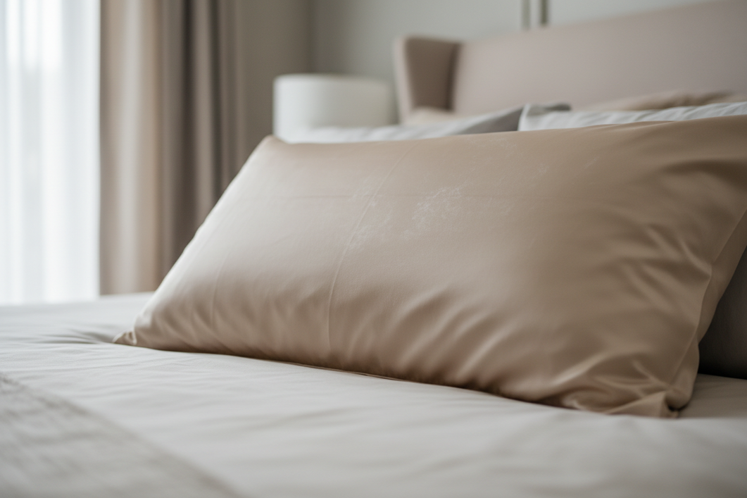 Silk pillowcase with a chalky white film from hard water residue, shown on a bed in soft daylight