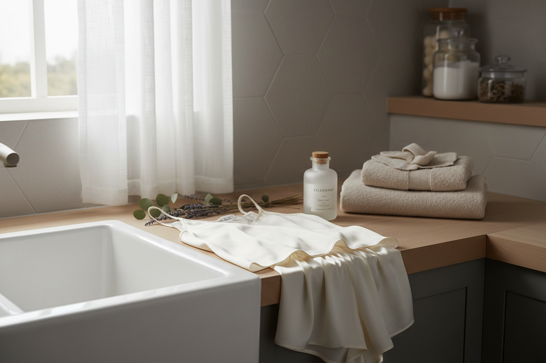 Silk garment laid flat after washing, with a clean rinse bowl and gentle laundry setup on a bright countertop