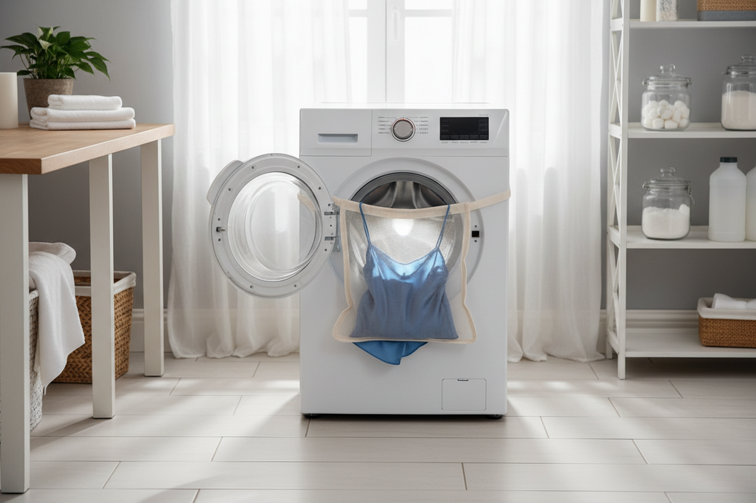 Top-loading washing machine with a delicate silk garment inside a mesh laundry bag, shown as a general laundry care hero image