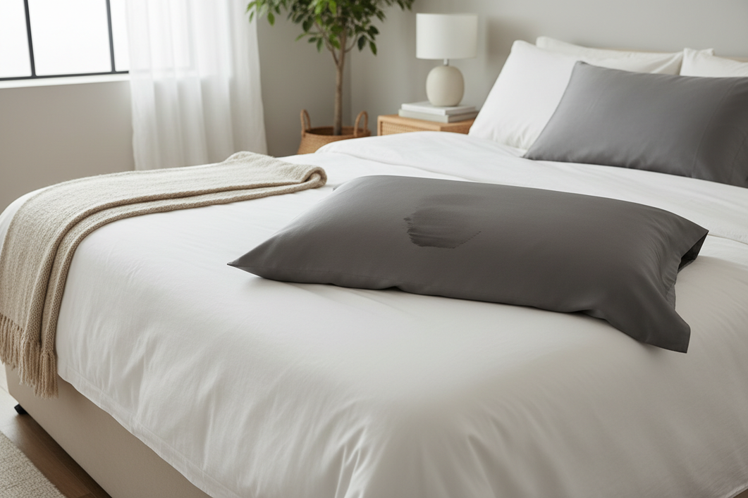 Silk pillowcase with a faint dark skincare stain on a bed, shown in soft daylight before cleaning