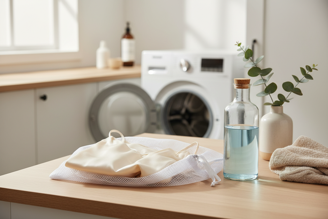 Machine-washable silk garment in a mesh laundry bag beside a gentle detergent bottle, arranged for a careful delicate-cycle wash.