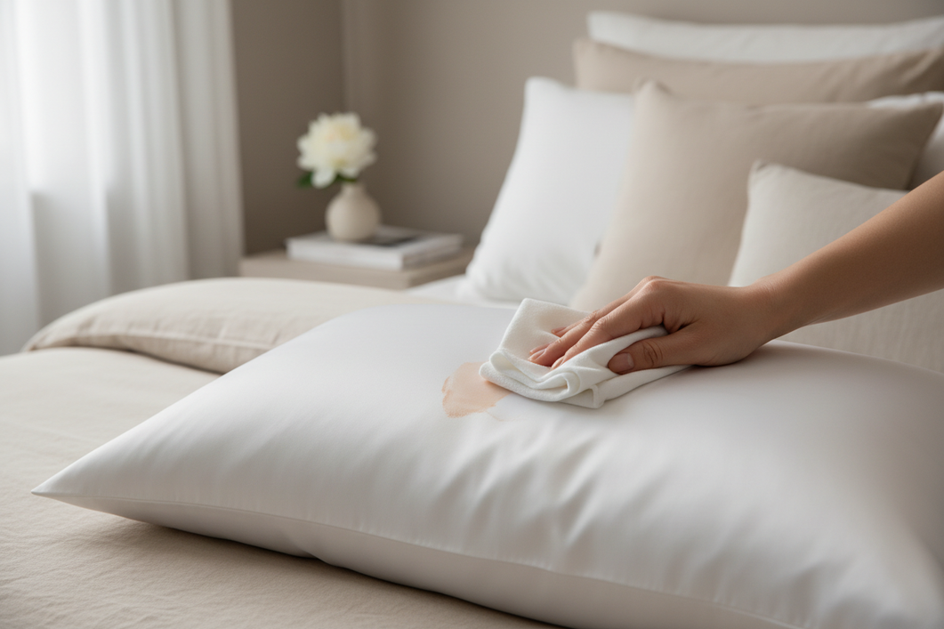 Silk pillowcase with a fresh makeup transfer being gently blotted on a bed