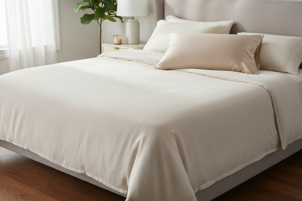 Silk pillowcase laid flat on a bed after washing, showing a smooth main surface with one slightly stiff patch near a seam