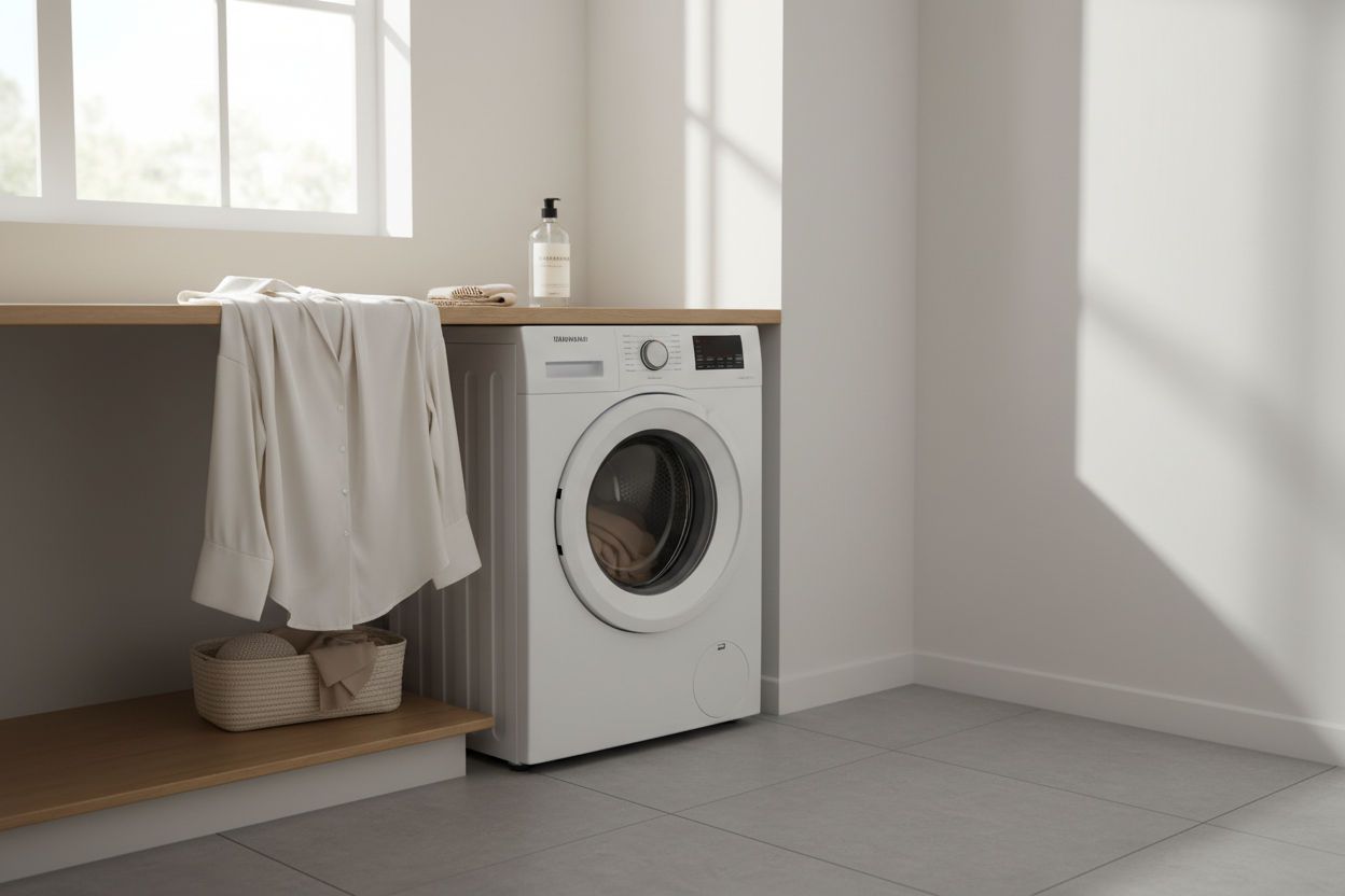 Silk sleepwear laid out near a modern washing machine for a gentle laundry care setup