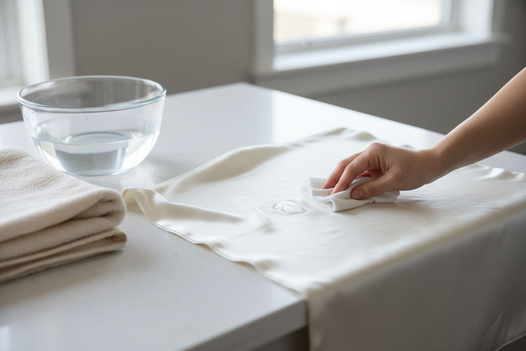 Silk pillowcase being gently blotted with a clean white cloth beside a small basin and folded towel, showing careful stain removal before washing