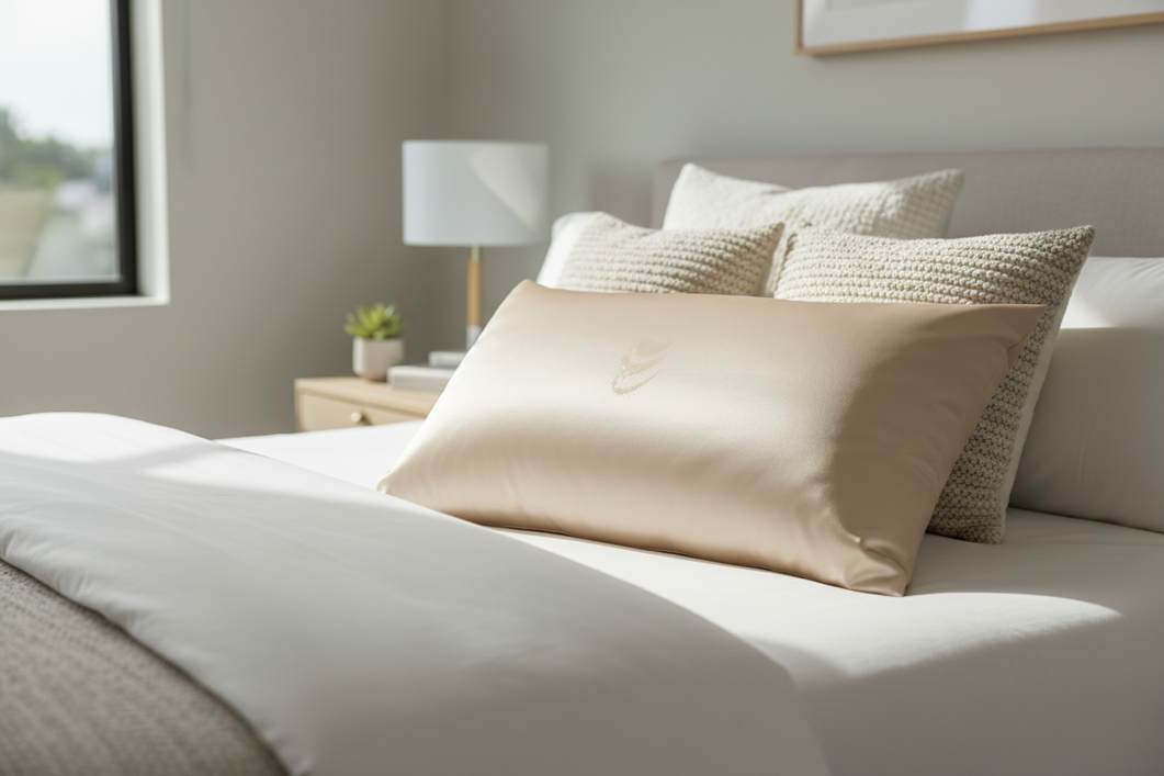 Silk pillowcase on a bed with a faint oily serum mark near the sleep area, shown as a clean editorial hero image