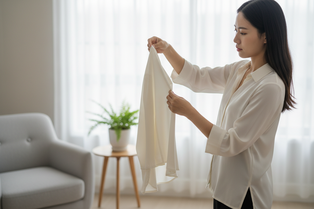 Dry silk garment inspected in daylight for translucent patches after washing
