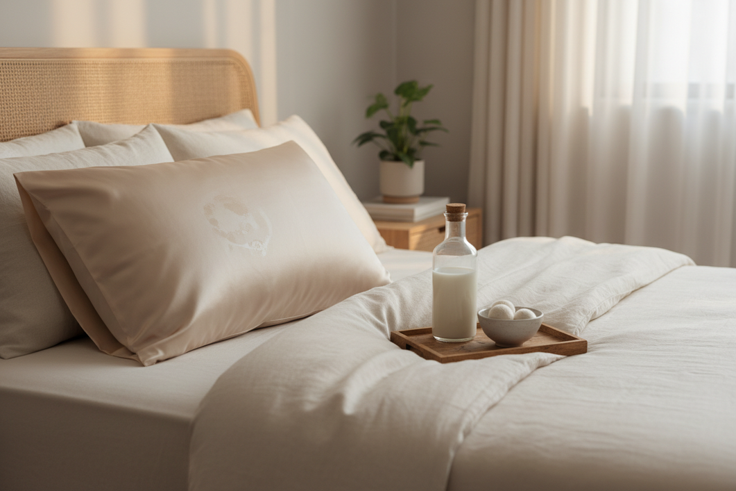 Silk pillowcase with a faint facial oil stain on a bed, shown with gentle laundry care items nearby