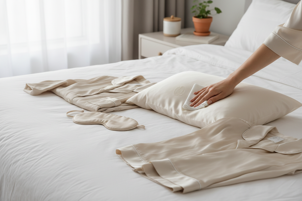 Silk pillowcase and pajamas being gently blotted after skincare contact