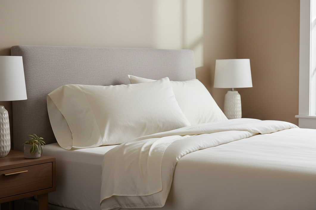 A silk pillowcase laid neatly on a bed with a softly blurred laundry care setting, showing a smooth surface with slight uneven texture after washing