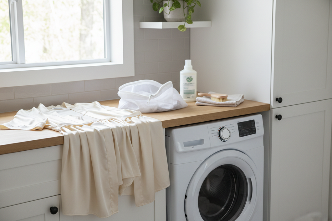 Silk sleepwear laid out beside a washing machine and mesh laundry bag, ready for a gentle wash cycle