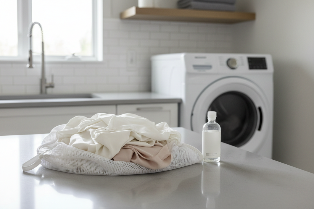 Silk blouse and scarf placed in a mesh laundry bag beside a front-load washer, showing a gentle wash setup