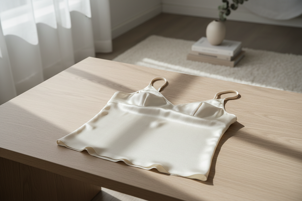 Silk garment laid flat with a visible wrinkle line after hand washing, shown in natural light for care assessment