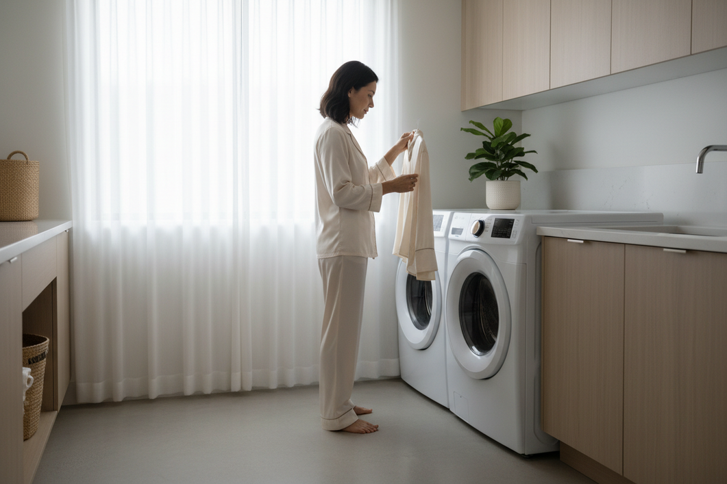 Woman in silk pajamas standing beside a front-load washer in a bright laundry room, considering a steam refresh cycle for delicate clothing
