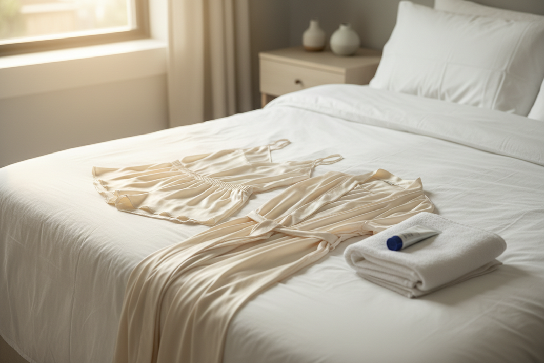 A silk robe and matching sleepwear laid out neatly beside a small medical cream tube and folded towel, showing careful postpartum garment care