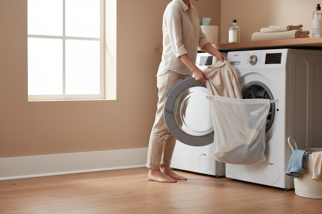 Washing silk garments in a mesh laundry bag beside a front-loading washer, showing a gentle delicates setup at home