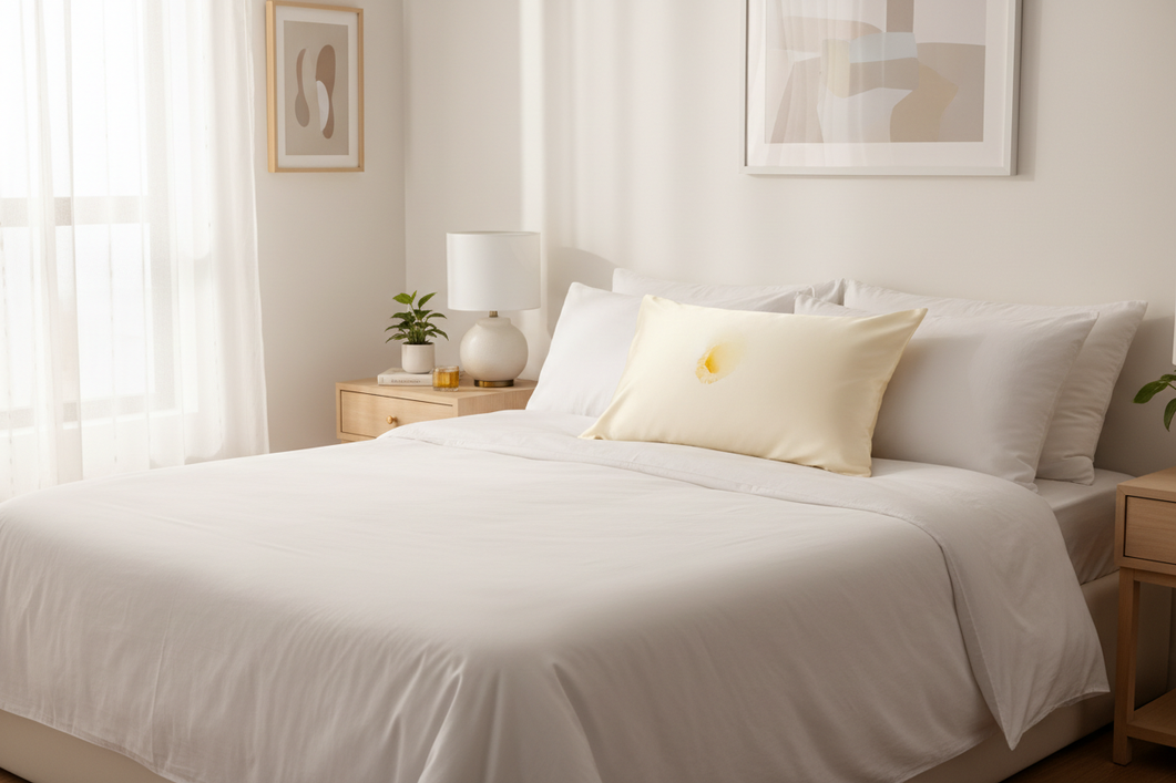 Silk pillowcase with a faint yellow-orange facial oil stain on a bed, shown in soft natural light