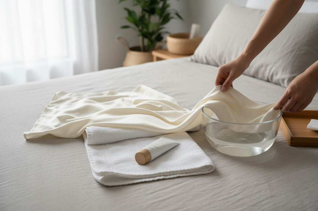 Silk pillowcase on a bed next to a small skincare tube and a folded microfiber cloth, shown as a gentle home laundry setup