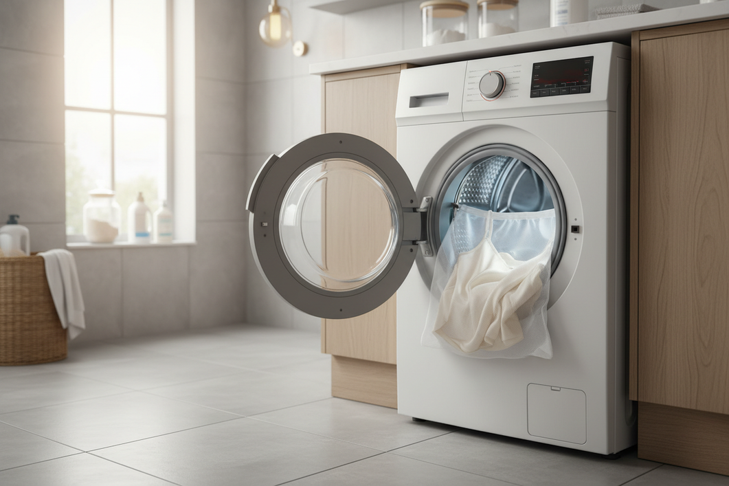 Washed silk garment in a laundry wash bag inside a washing machine drum during a gentle cycle, with soft interior lighting and no visible text