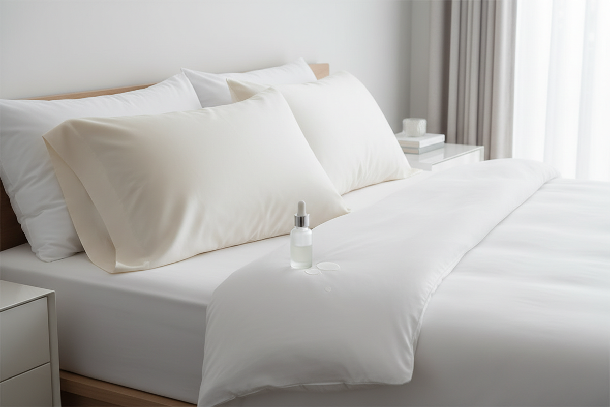 Silk pillowcase beside a small skincare bottle on a bedside table, showing a fresh topical residue cleanup scenario